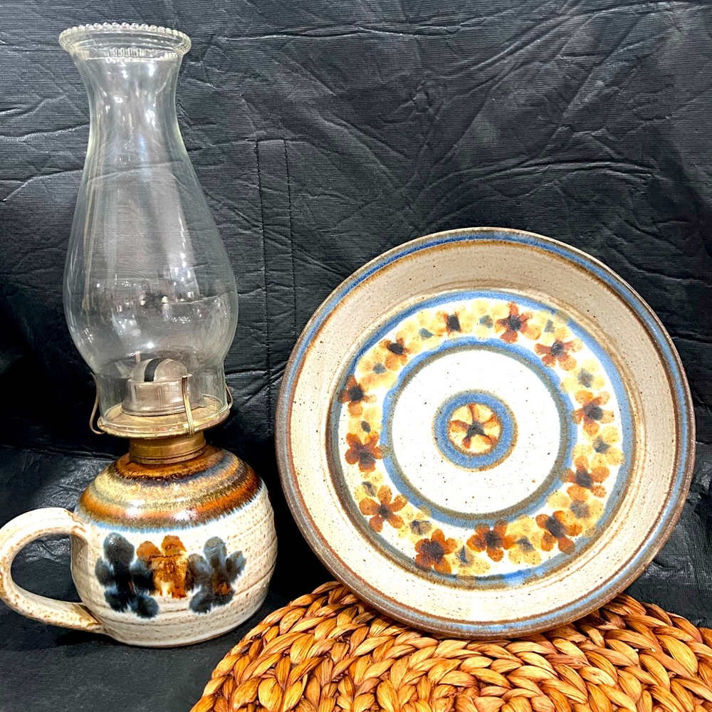 Vintage MCM stoneware Handmade Pottery lamp with matching stoneware Dish